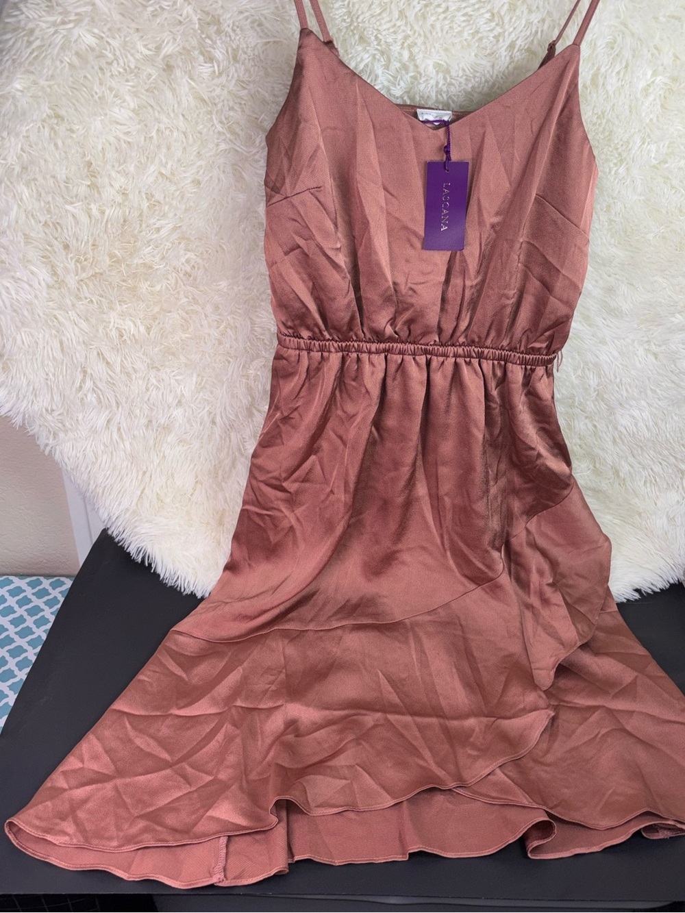 NWT LASCANA by VENUS Rust Satin Slip Dress with Spaghetti Straps size 2 - Picture 3 of 15